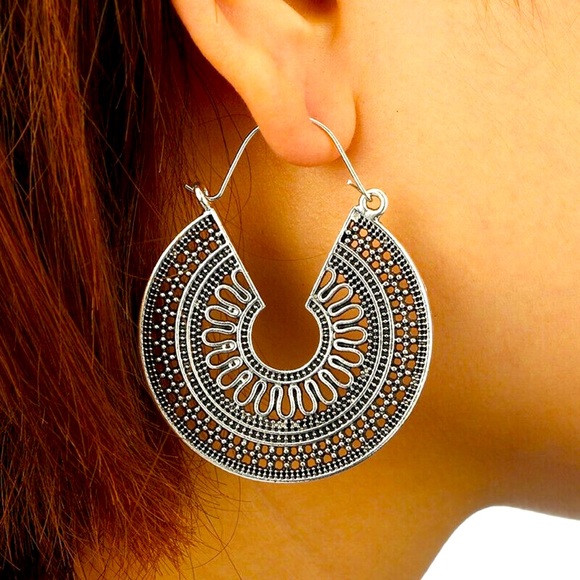 Jewelry - Beautiful Boho Sterling Silver Filigree Detail Hoop Earrings